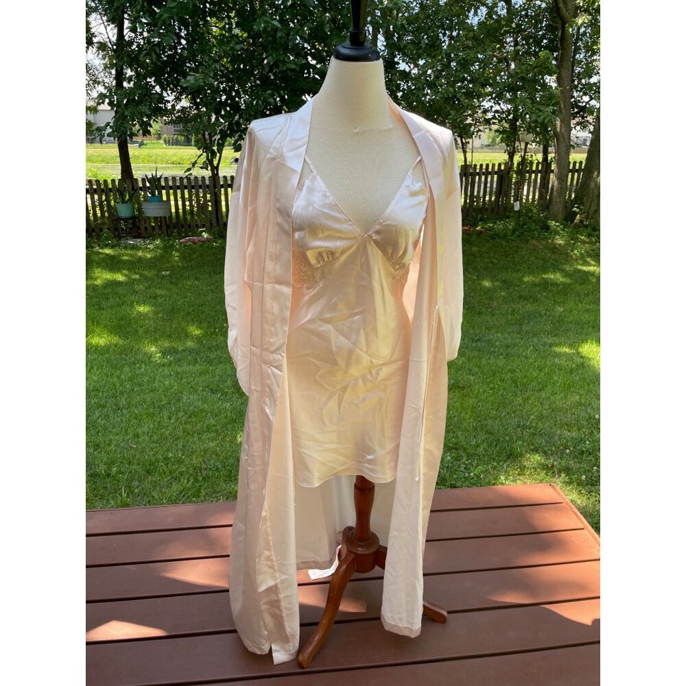 Pink K Satin & Lace Robe With Slip S/C Set 80's Sexy Belted Lace Vintage